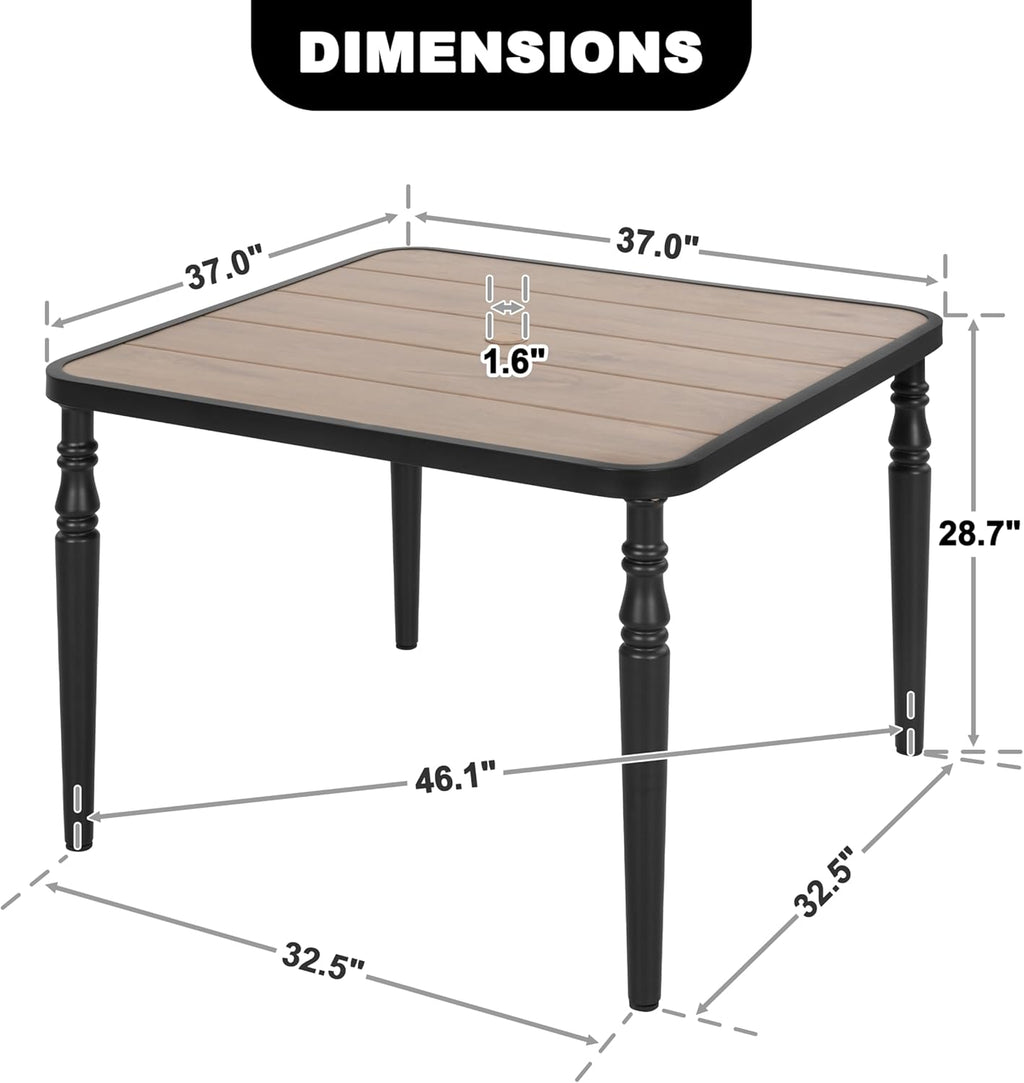 Table de salle à manger carrée d'extérieur NUU GARDEN 37, table en métal dotée de trou pour parasol, plateau imitation bois, résistante aux intempéries, idéale pour le jardin, la cour, la terrasse et la pelouse.