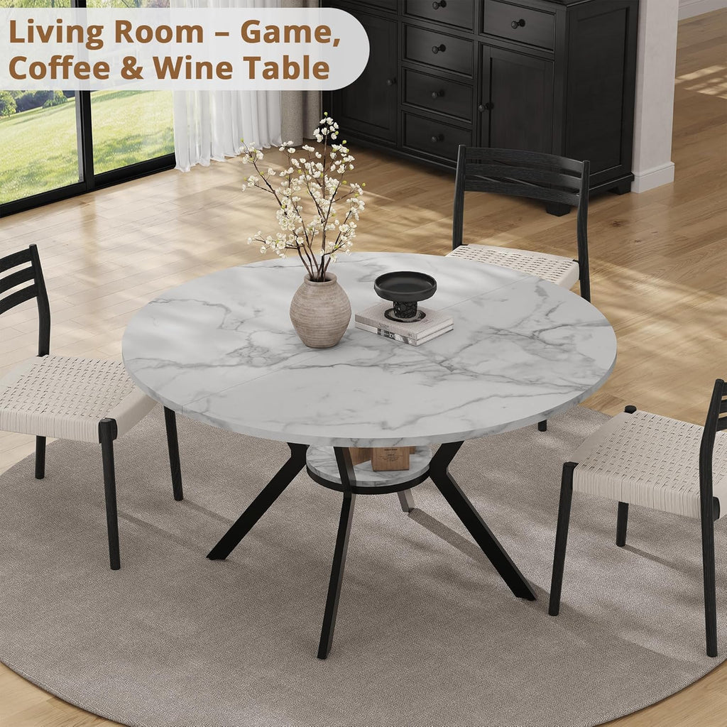 Table ronde de 107 cm (42 pouces) pour 2 à 4 personnes, table de cuisine moderne dotée de plateau en imitation marbre et pieds en métal, table ronde gain de place avec rangement, table en bois pour cuisine et salle à manger.