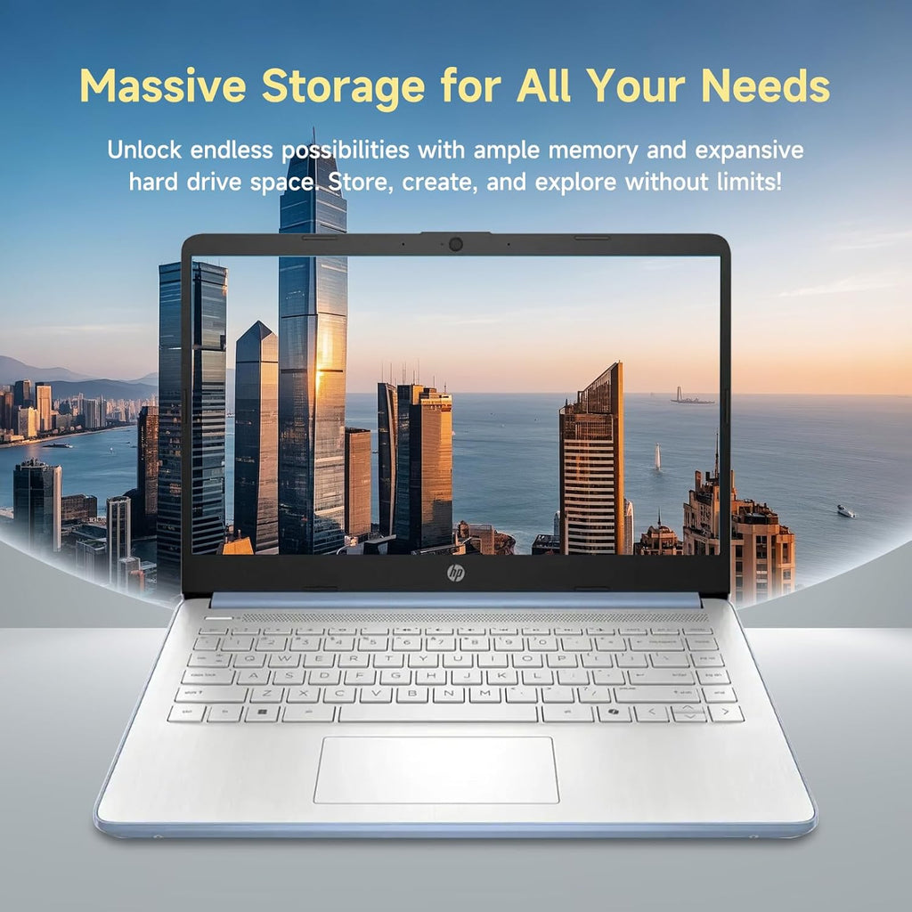 Ordinateur compact portable HP 14 pour étudiants - Rentrée scolaire - Processeur quadricœur (jusqu'à 3,6 GHz) - 8 Go de RAM - 192 Go de stockage (128 Go UFS + carte SD de 64 Go) - Logiciel Office 365 Copilot AI inclus (1 an) - Windows 11 - Bleu ciel