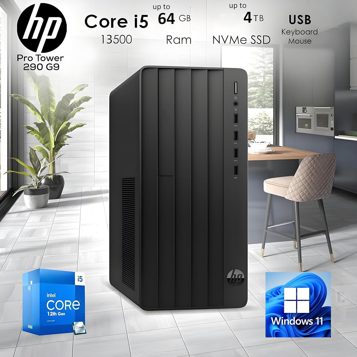 Ordinateur de bureau HP, format tour, pour un usage domestique et le bureau : processeur Intel Core i5-13500 à 14 cœurs, 32 Go de RAM DDR4, SSD PCIe de 1 To, carte graphique UHD 770, Wi-Fi 6, Bluetooth 5.3, RJ-45, HDMI, VGA, clavier et souris…