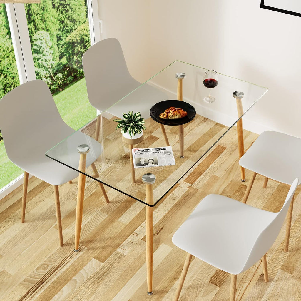 Table de salle à manger rectangulaire moderne en verre COSTWAY de 130 cm (51 pouces), dotée de pieds en acier imitation bois et plateau spacieux. Idéale pour la maison, le bureau ou la salle d'étude.
