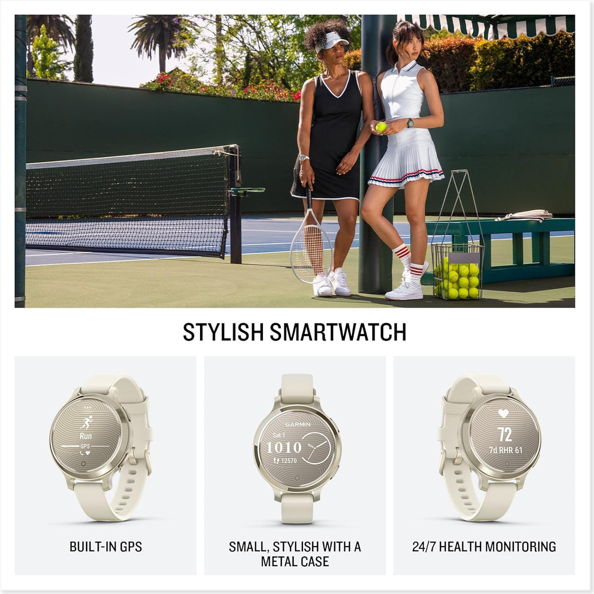 Présentation : Garmin Lily® 2 Active Montre connectée compacte et élégante GPS intégré Écran dissimulé Verre à motifs Jusqu'à 9 jours d'autonomie Couleur or lunaire Bracelet en silicone couleur os