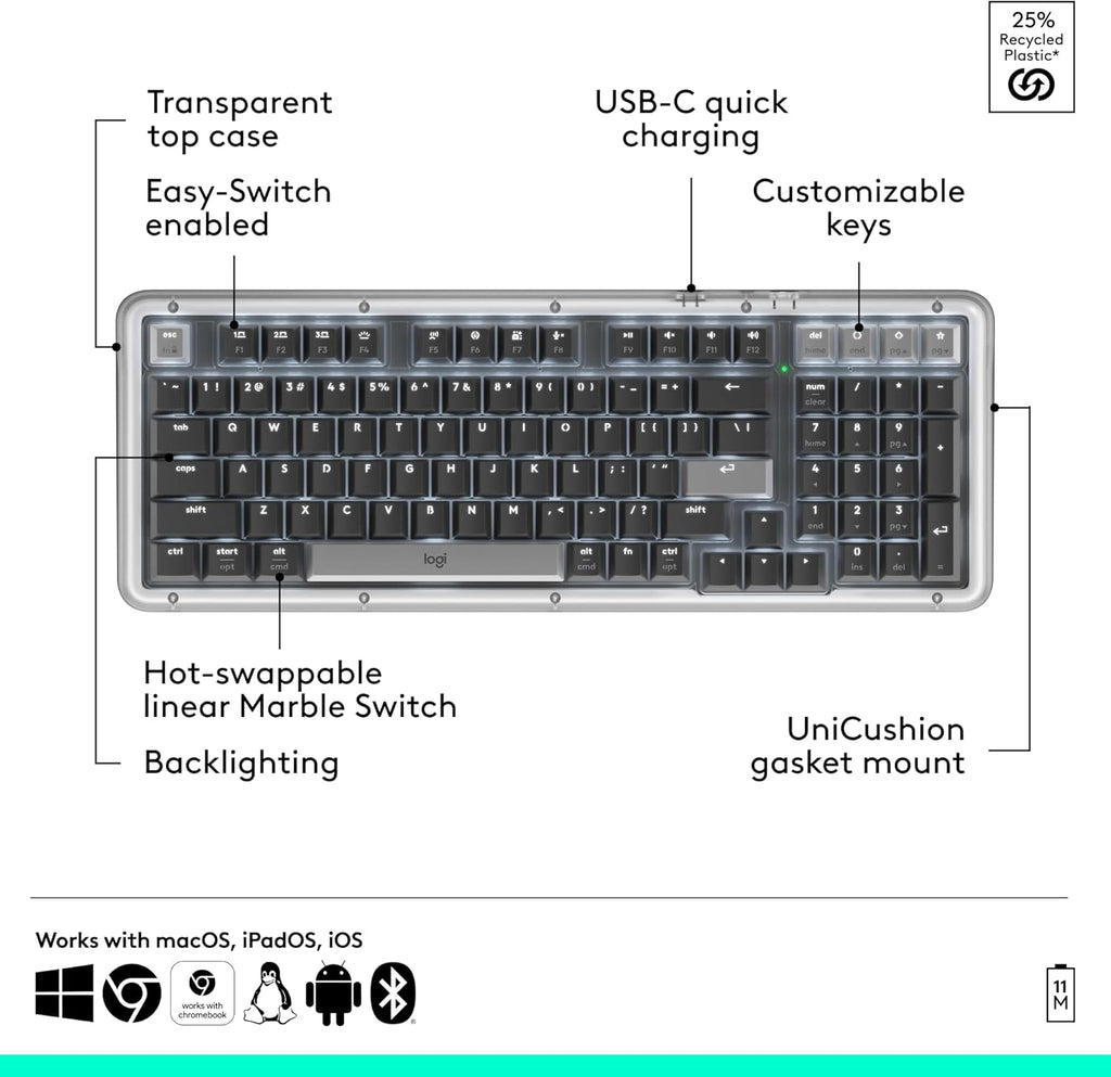 Clavier mécanique sans fil Logitech Alto Keys K98M, clavier personnalisable avec joint anti-vibrations, touches rétroéclairées, Bluetooth, chargement USB-C, pour PC, Mac et ordinateurs portables - Graphite