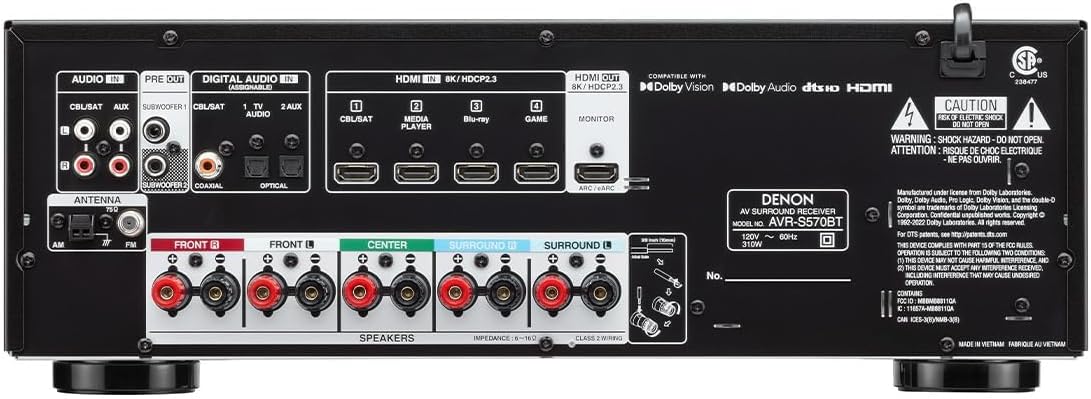 Amplificateur audio-vidéo Denon AVR-S570BT 5.2 canaux, compatible 8K Ultra HD, doté de streaming à connectivité sans fil Bluetooth, 4 entrées HDMI 8K et eARC HD. Assistant de configuration HD.