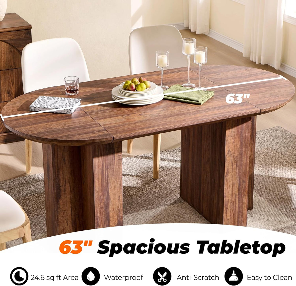 Table de salle à manger ovale moderne en bois OKD de 160 cm (63 pouces) pour 4 à 6 personnes, dotée de piètement stable en forme de T, structure en métal et plateau épais. Table de cuisine robuste, idéale pour la salle à manger ou la cuisine. Finitio