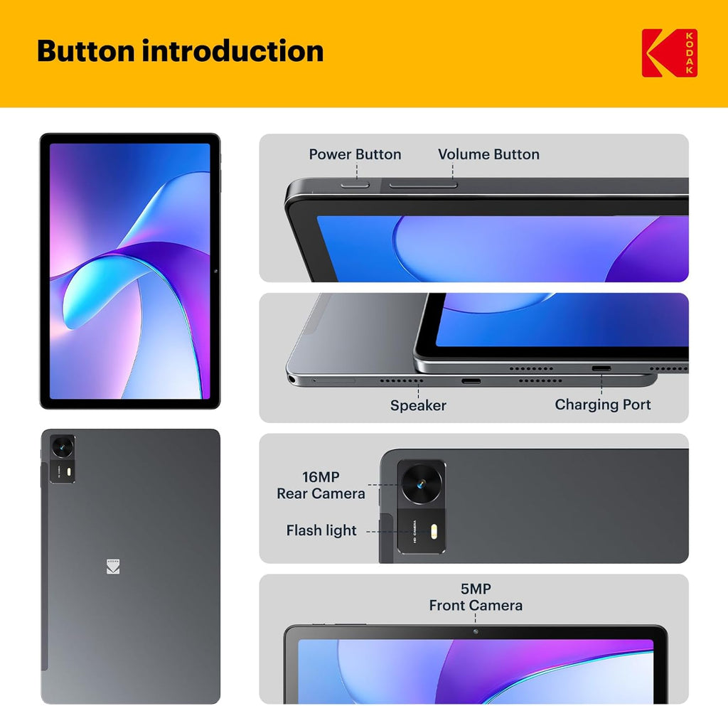 Tablette tactile KODAK K11 Android 15, écran tactile FHD G+G de 10,95 pouces, 12 Go de RAM, 128 Go de stockage (extensible à 1 To), batterie longue durée de 8 000 mAh, quatre haut-parleurs, appareil photo de 16 Mpx, double Wi-Fi, GPS, idéale pour le