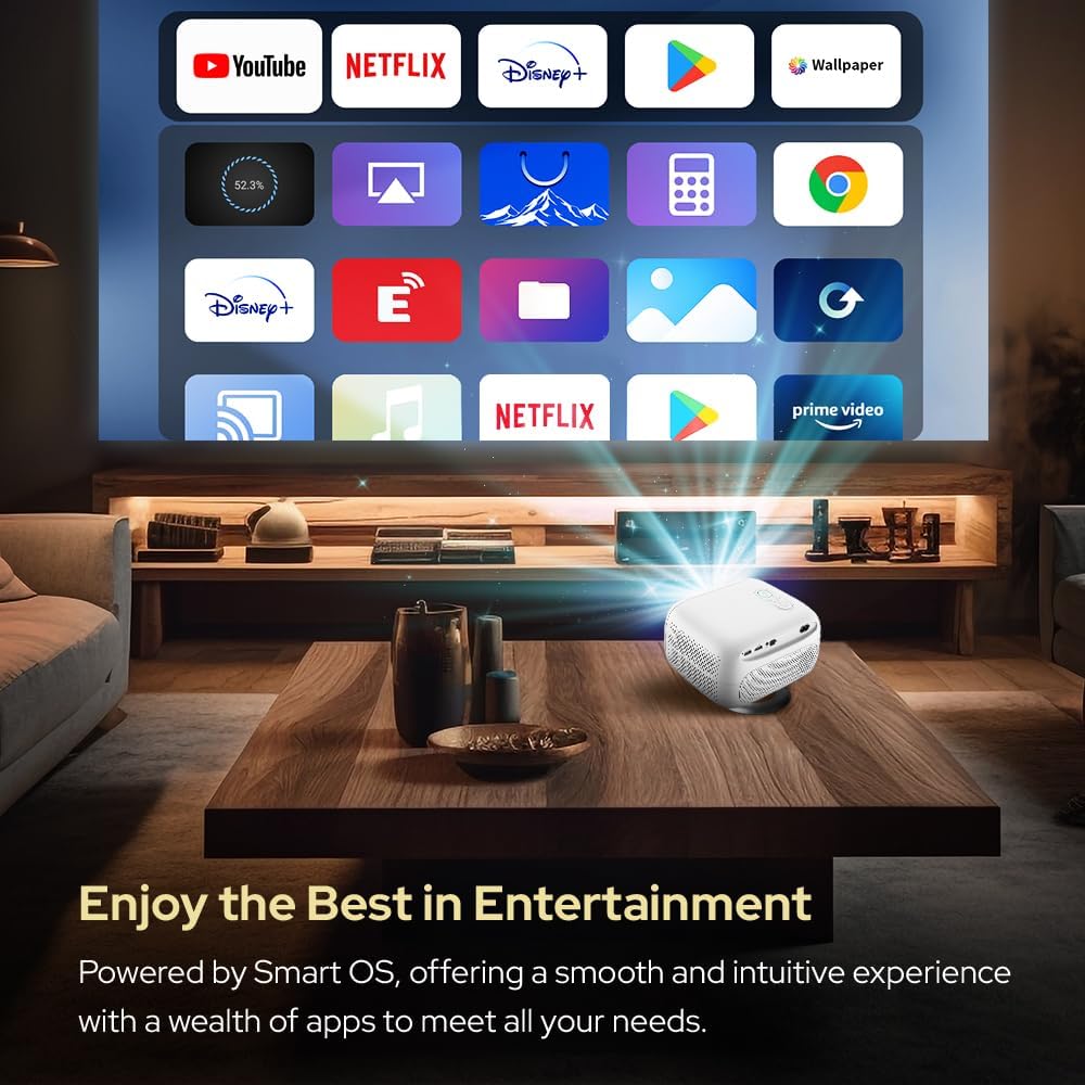 Projecteur intelligent au format compact PJ500, écran HD 1080p de 40 à 130 pouces, décodage 4K, 550 lumens ANSI, mise au point automatique et correction trapézoïdale, connectivité Wi-Fi 6 et Bluetooth 5.2