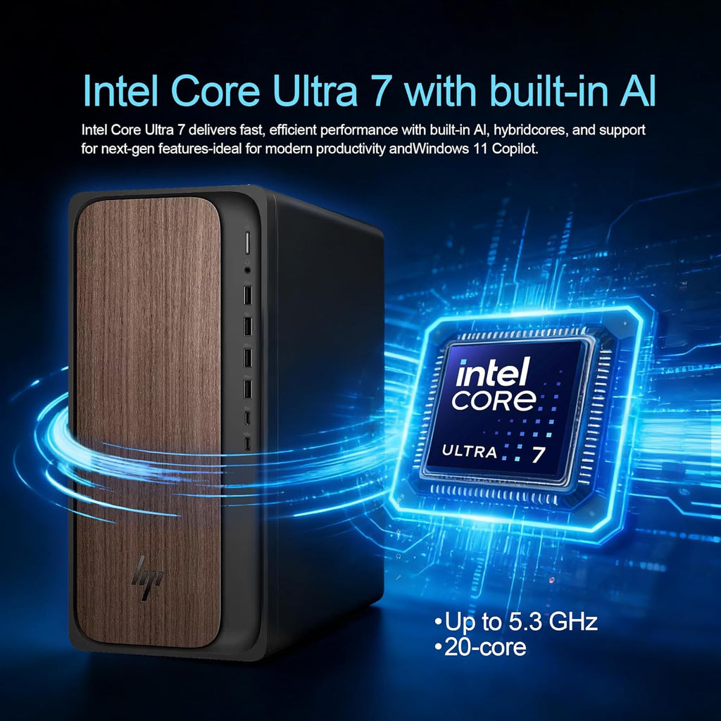 Ordinateur de bureau HP OmniDesk – Intel Core Ultra 7 265, 16 Go de mémoire DDR5, SSD de 1 To, design élégant en bois foncé, performances solides optimisées pour l'IA, Windows 11 Professionnel doté de station d'accueil