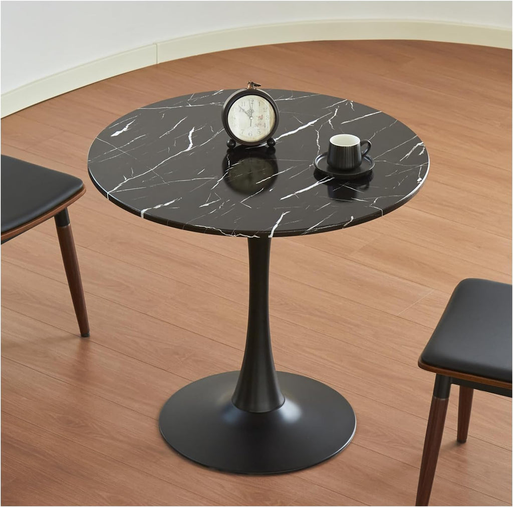 Table de salle à manger ronde, table tulipe circulaire de 80 cm dotée de plateau épais et pied en métal, table bistro moderne du milieu du siècle pour cuisine, petits espaces, salon, café (motif marbre noir)