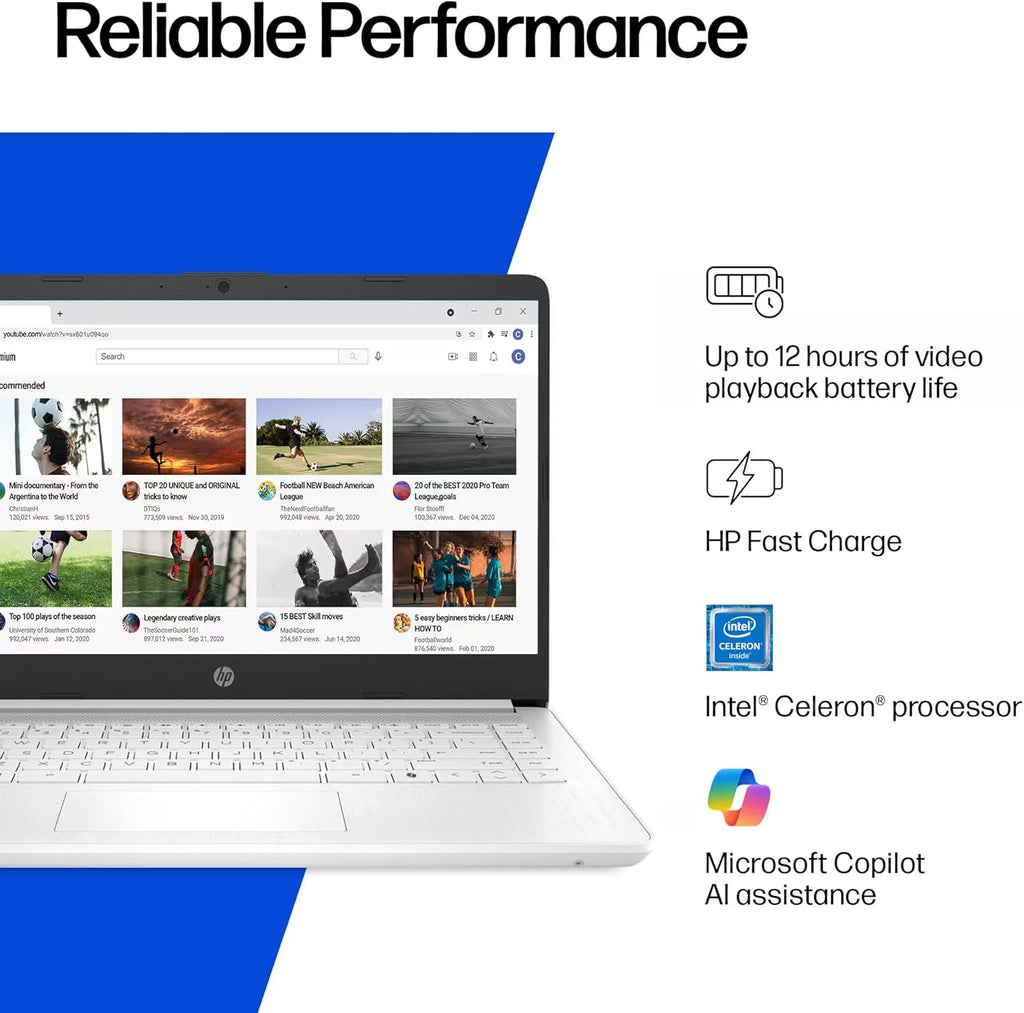 Ordinateur compact portable HP 14 fin et léger pour étudiants et professionnels (2026) avec suite Office, Copilot AI, processeur Intel jusqu'à 2,8 GHz, 8 Go de RAM, 628 Go de stockage (128 Go SSD + 500 Go extensible), Wi-Fi 6, Windows 11 Pro