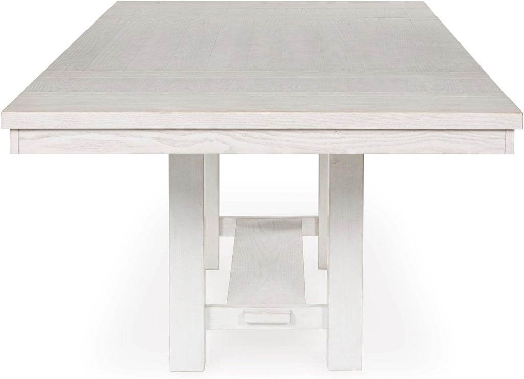 Table de salle à manger extensible Signature Design by Ashley Robbinsdale, style décontracté, dotée de rallonge centrale amovible, piètement à tréteaux, placage frêne, plateau effet planches, 2 rallonges centrales amovibles, 8 couverts, blanc
