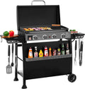 Plaque de cuisson à gaz propane Royal Gourmet PD4001 à 4 brûleurs dotée de chariot amovible et convertible en table. Grille à surface plane avec couvercle, idéale pour le camping, les pique-niques et le jardin. Couleur : noir.