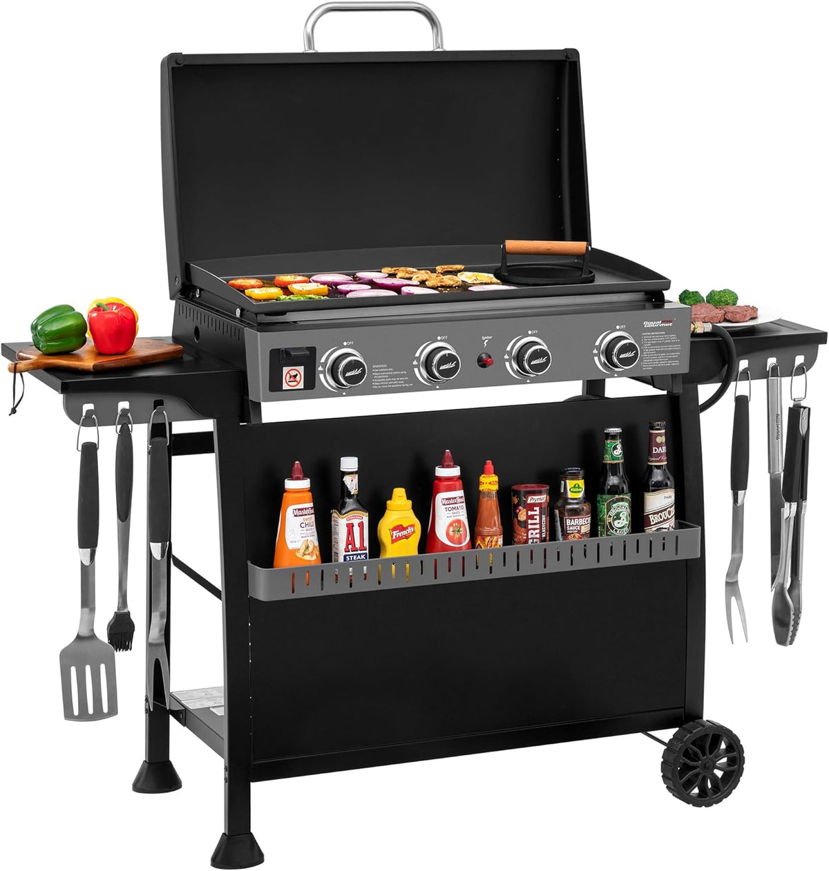 Plaque de cuisson à gaz propane Royal Gourmet PD4001 à 4 brûleurs dotée de chariot amovible et convertible en table. Grille à surface plane avec couvercle, idéale pour le camping, les pique-niques et le jardin. Couleur : noir.