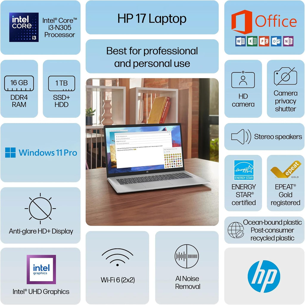 Ordinateur compact portable HP 17 Professionnel, garantie à vie 2025, MS Office, écran HD+ 17,3 pouces, processeur Intel i3 8 cœurs, 16 Go de RAM, 1 To de stockage (500 Go SSD + 500 Go externe), Wi-Fi 6, batterie longue durée, MarxsolAccessory