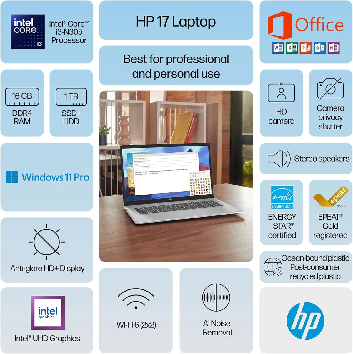 Ordinateur compact portable HP 17 Professionnel, garantie à vie 2025, MS Office, écran HD+ 17,3 pouces, processeur Intel i3 8 cœurs, 16 Go de RAM, 1 To de stockage (500 Go SSD + 500 Go externe), Wi-Fi 6, batterie longue durée, MarxsolAccessory