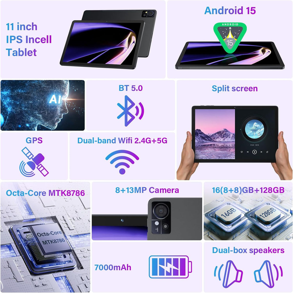 Tablette tactile Android 15 11 pouces (mise à jour 2026) - 16 Go de RAM, 128 Go de ROM (extensible jusqu'à 1 To), Wi-Fi 5G, double caméra 21 Mpx, processeur octa-core MTK8786, Gemini AI 2.0. Livrée avec clavier, souris, film protecteur et étui (gris)