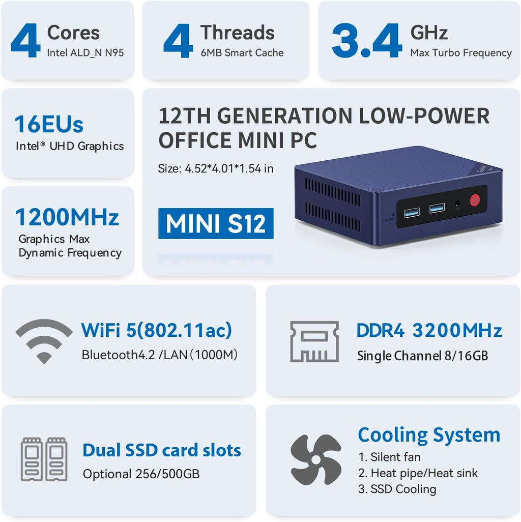 Mini PC Beelink Mini S12 Intel Core N95 quadricœur de 12e génération (allant jusqu'à 3,4 GHz), 8 Go de RAM DDR4, SSD de 256 Go, double sortie HDMI 4K UHD, Ethernet Gigabit, double Wi-Fi 5, Bluetooth 4.2, compatible HTPC et Windows 11 Home.