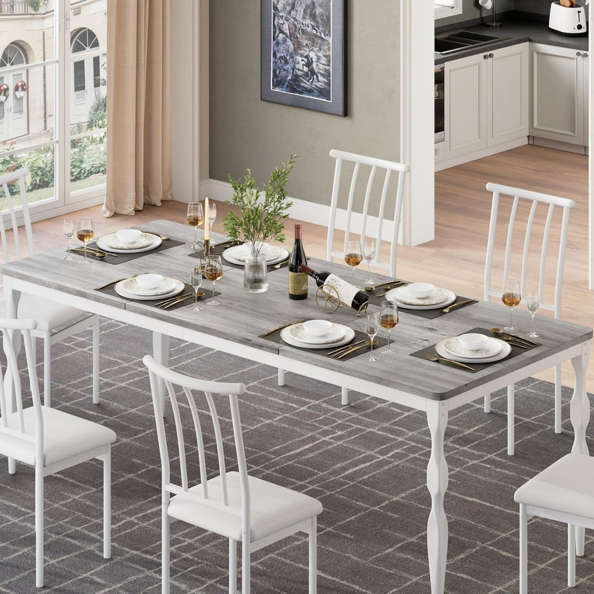 Table de salle à manger rectangulaire pour 6 personnes, 180 cm, style rustique, dotée de grand plateau, pieds robustes, idéale pour les repas en famille ou entre amis. Grise.