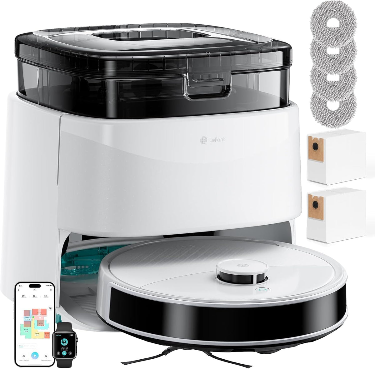 Aspirateur et laveur robot Lefant, aspiration de 15 000 Pa, vidage automatique après 90 jours, lavage et séchage automatiques, détection d'obstacles, adapté à les poils d'animaux et les tapis, compatible Wi-Fi 5G, Alexa/application/iWatch, M3 Blanc