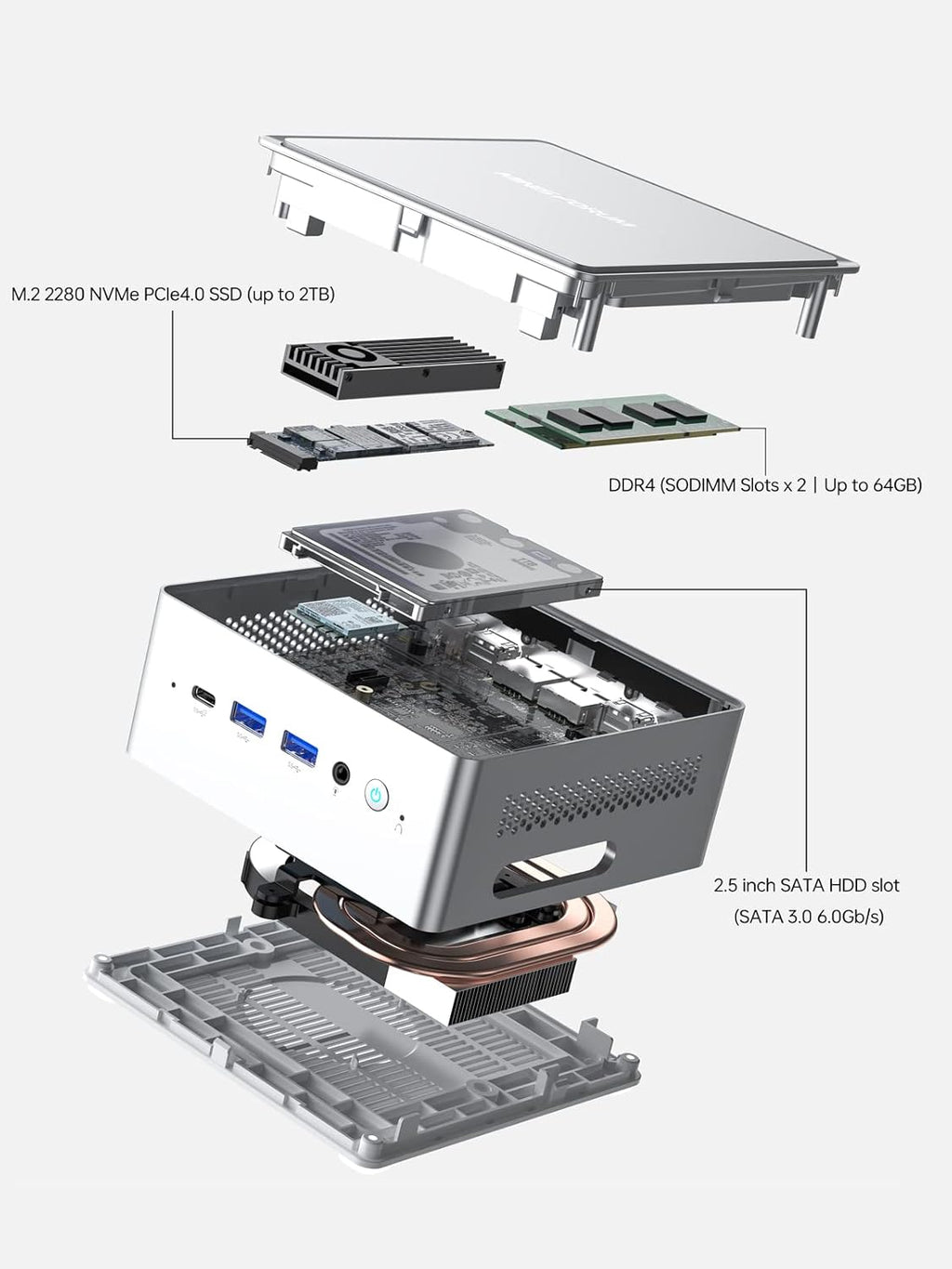 MINISFORUM Mini PC NAB6 Lite Intel Core i5-12600H 12 cœurs 16 threads allant jusqu'à 4,7 GHz 16 Go de RAM DDR4 SSD PCIe 4.0 de 500 Go Double LAN RJ45 2,5 Gb/s Mini ordinateur de bureau 2 ports HDMI 7 ports USB WiFi 6 Bluetooth 5.2