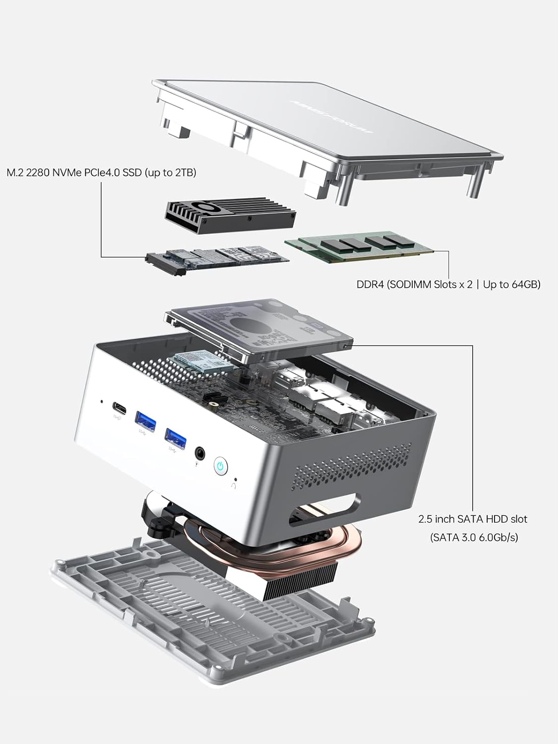 MINISFORUM Mini PC NAB6 Lite Intel Core i5-12600H 12 cœurs 16 threads allant jusqu'à 4,7 GHz 16 Go de RAM DDR4 SSD PCIe 4.0 de 500 Go Double LAN RJ45 2,5 Gb/s Mini ordinateur de bureau 2 ports HDMI 7 ports USB WiFi 6 Bluetooth 5.2