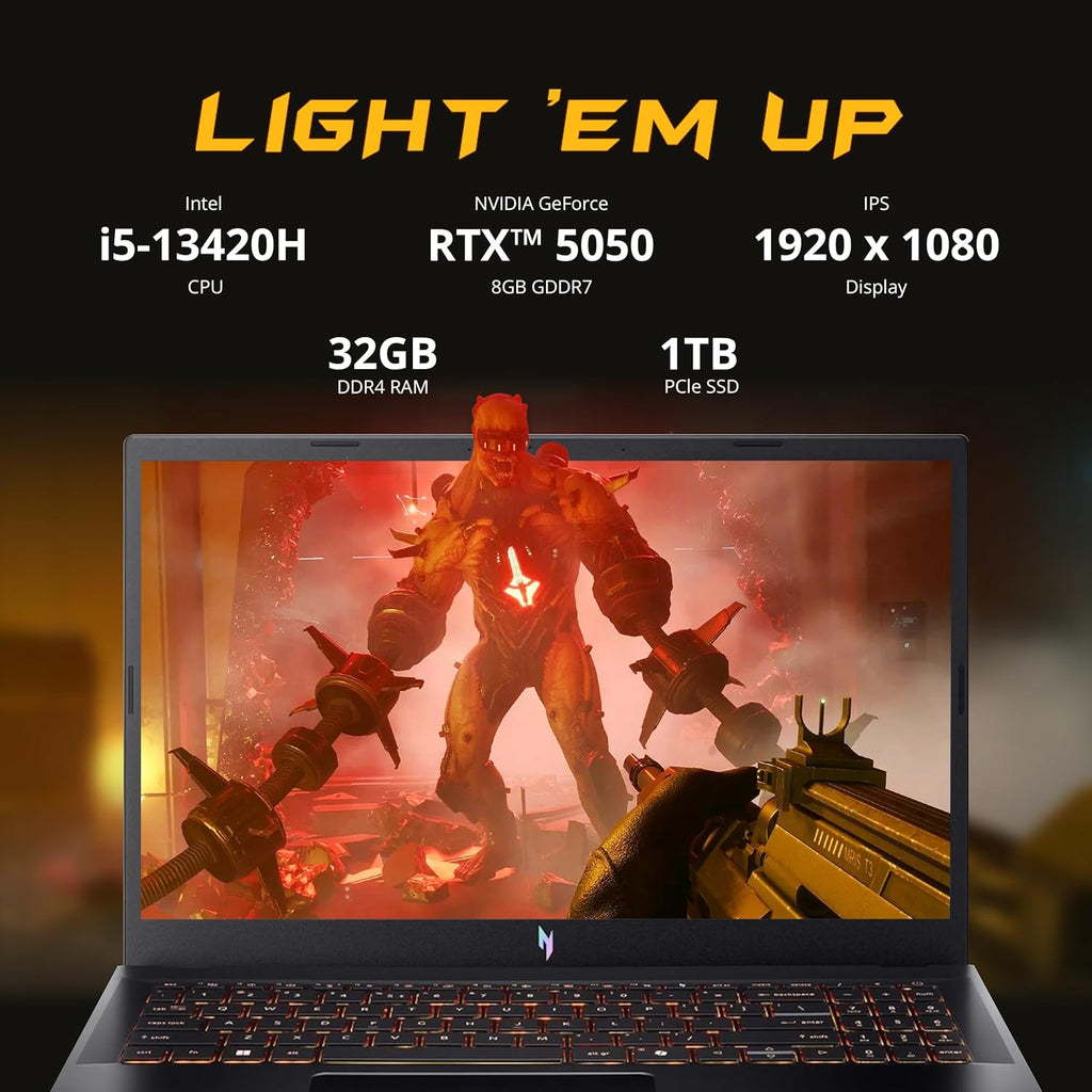 Ordinateur compact portable de jeu Acer Nitro V 15,6" FHD IPS 165 Hz, processeur Intel Core i5-13420H, carte graphique NVIDIA GeForce RTX 5050 8 Go GDDR7, 32 Go de RAM, SSD 1 To, clavier rétroéclairé, Wi-Fi 6, Windows 11 Pro, noir, station d'accueil