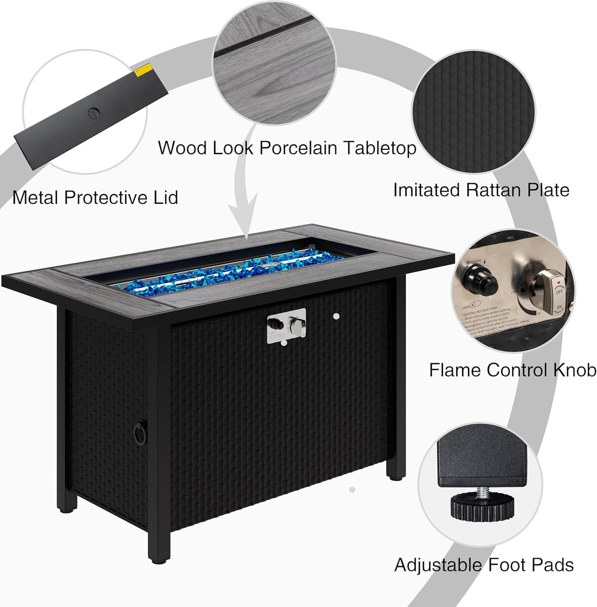 Foyer extérieur Meilocar 45 po (114 cm) au propane dotée de pare-vent en verre et housse anti-pluie, 50 000 BTU, 3 en 1, pour patio, cour ou balcon, plateau gris.