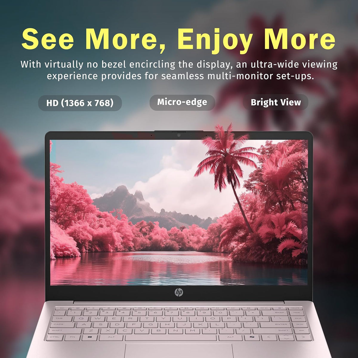 Ordinateur compact portable HP Stream 14 HD, processeur Intel N150, 16 Go de RAM, 416 Go de stockage (128 Go UFS + station d'accueil de 288 Go), carte graphique Intel, abonnement d'un an à Office 365, Copilot, Wi-Fi, webcam HD, Windows 11, rose