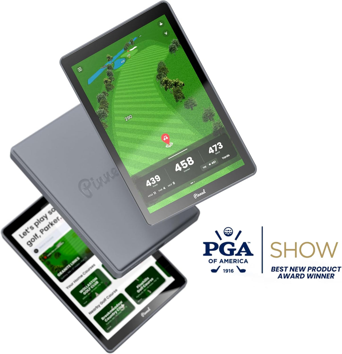 Tablette tactile GPS portable Pinned Golf - Le Caddie - Écran tactile magnétique résistant aux intempéries - Distances FCB - 45 000 cartes de parcours - Cadeau pour homme - Gris