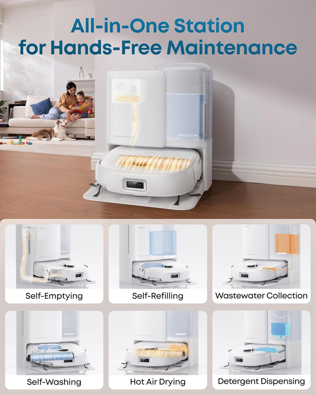 Aspirateur robot eufy E25, système HydroJet doté de balai à franges, aspiration turbo 20 000 Pa, robot laveur tout-en-un, nettoyage des bords et des coins, conception anti-enchevêtrement, détection d'obstacles par IA, blanc