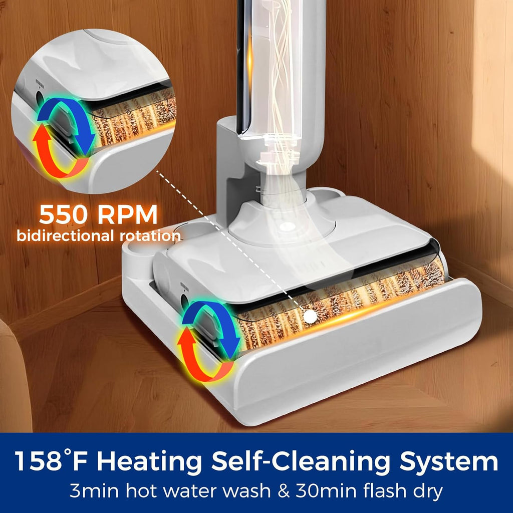 Balai aspirateur eau et poussière, balai aspirateur à connectivité sans fil tout-en-un à plat à 180°, machine de nettoyage des sols, autonomie de 45 minutes, nettoyage automatique allant jusqu'à 70 °C, nettoyage des bords, balai aspirateur…