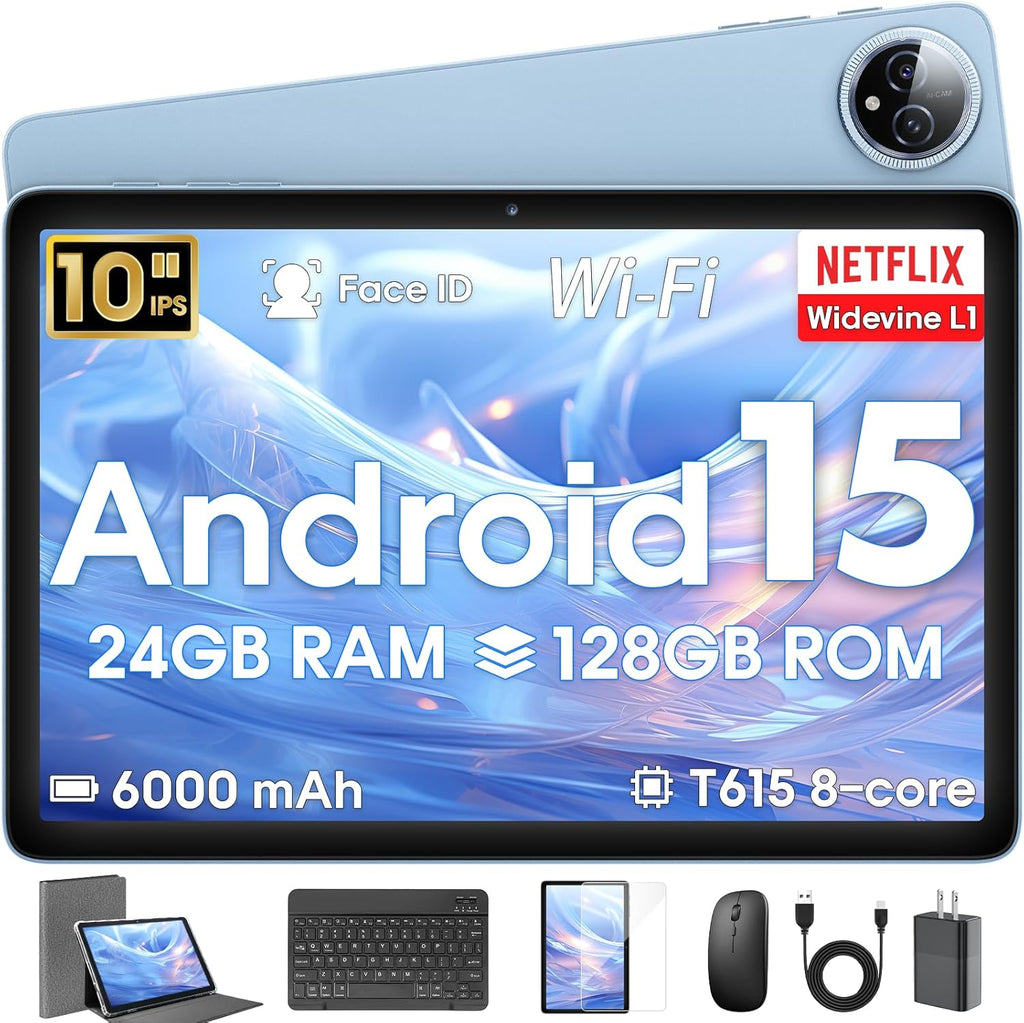 Tablette tactile Android 15 10 pouces, 24 Go de RAM, 128 Go de ROM, avec étui clavier, souris et stylet, mémoire extensible jusqu'à 1 To, processeur octocœur 6000 mAh, écran IPS HD 1280 x 800, Wi-Fi, processeur T615 haute performance, double caméra (