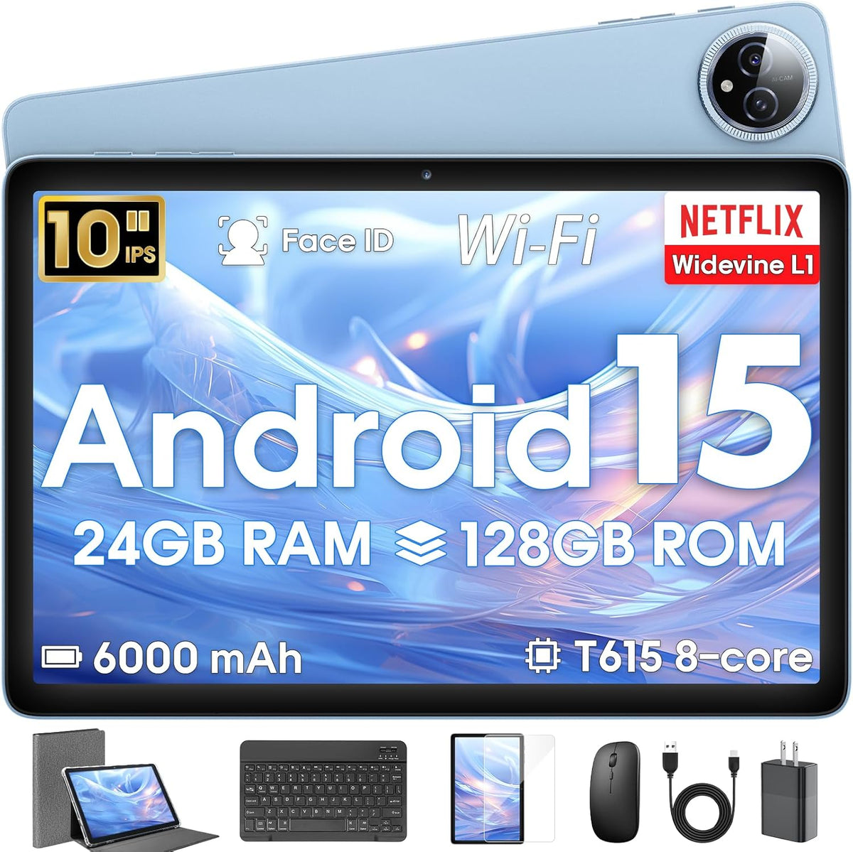 Tablette tactile Android 15 10 pouces, 24 Go de RAM, 128 Go de ROM, avec étui clavier, souris et stylet, mémoire extensible jusqu'à 1 To, processeur octocœur 6000 mAh, écran IPS HD 1280 x 800, Wi-Fi, processeur T615 haute performance, double caméra (