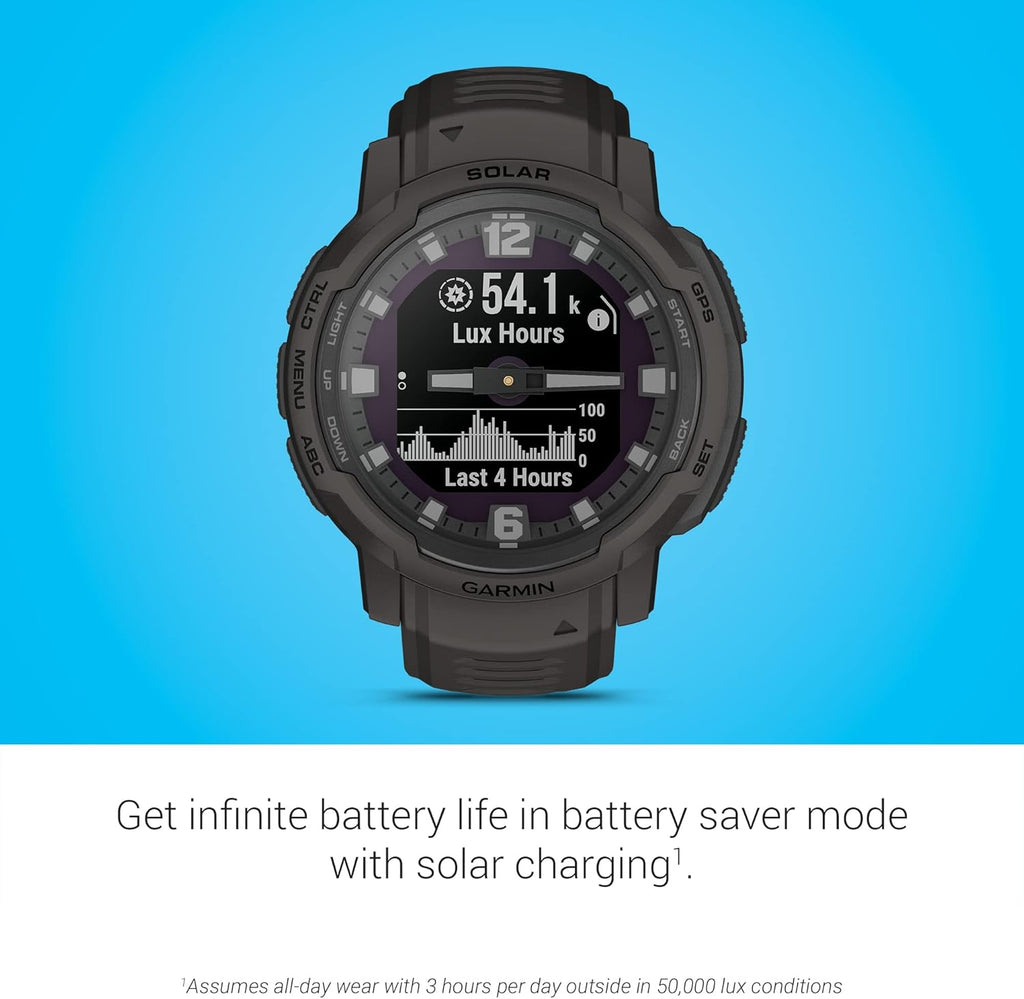 Présentation : Montre connectée hybride robuste Garmin Instinct Crossover Solar avec chargement solaire, aiguilles analogiques et affichage numérique, couleur graphite