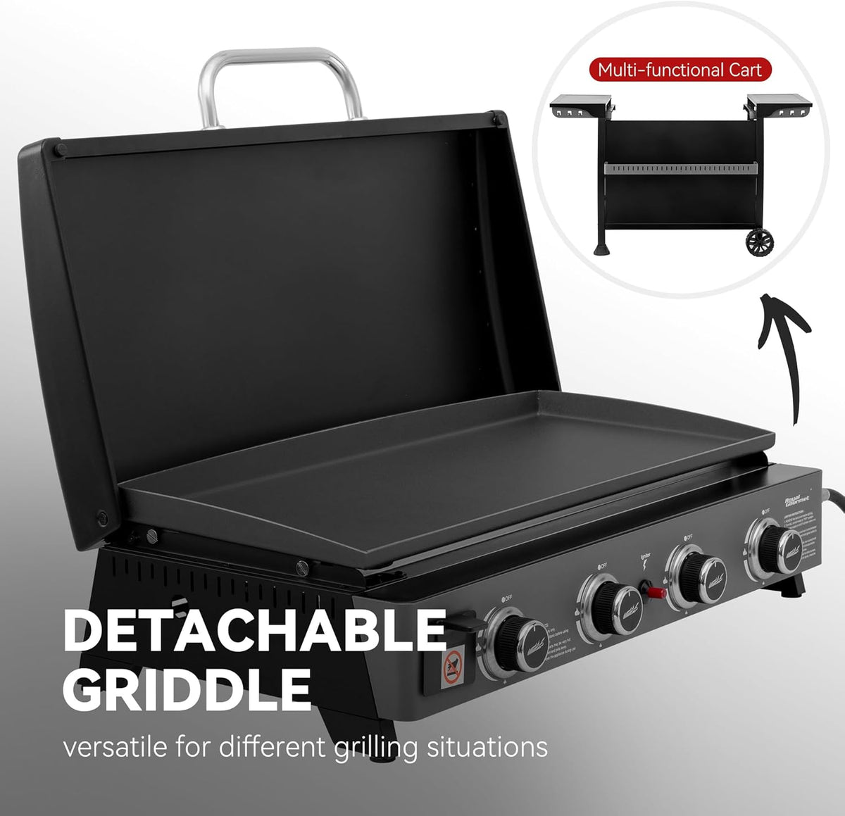 Plaque de cuisson à gaz propane Royal Gourmet PD4001 à 4 brûleurs dotée de chariot amovible et convertible en table. Grille à surface plane avec couvercle, idéale pour le camping, les pique-niques et le jardin. Couleur : noir.