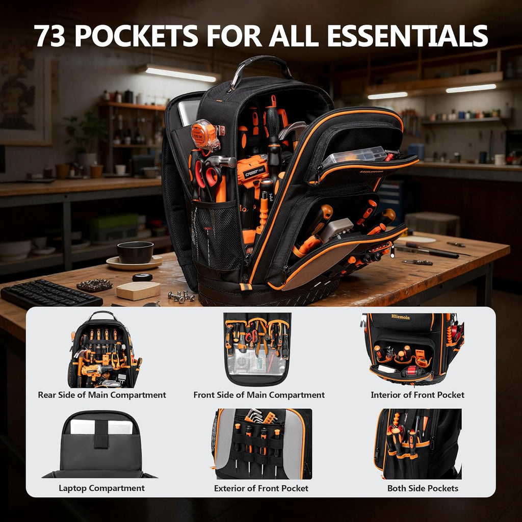 Sac à dos à outils robuste en tissu Oxford 1680D, 75 poches et passants, sac à dos d'électricien, grand sac à outils CVC à fond rigide, sac à dos pour technicien de chantier avec compartiment pour ordinateur compact portable 16 pouces pour hommes
