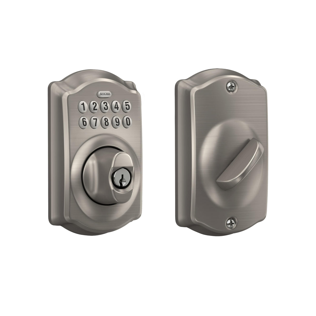 Serrure à pêne dormant SCHLAGE Camelot à clavier numérique - Entrée sans clé, nickel satiné – Modèle pratique