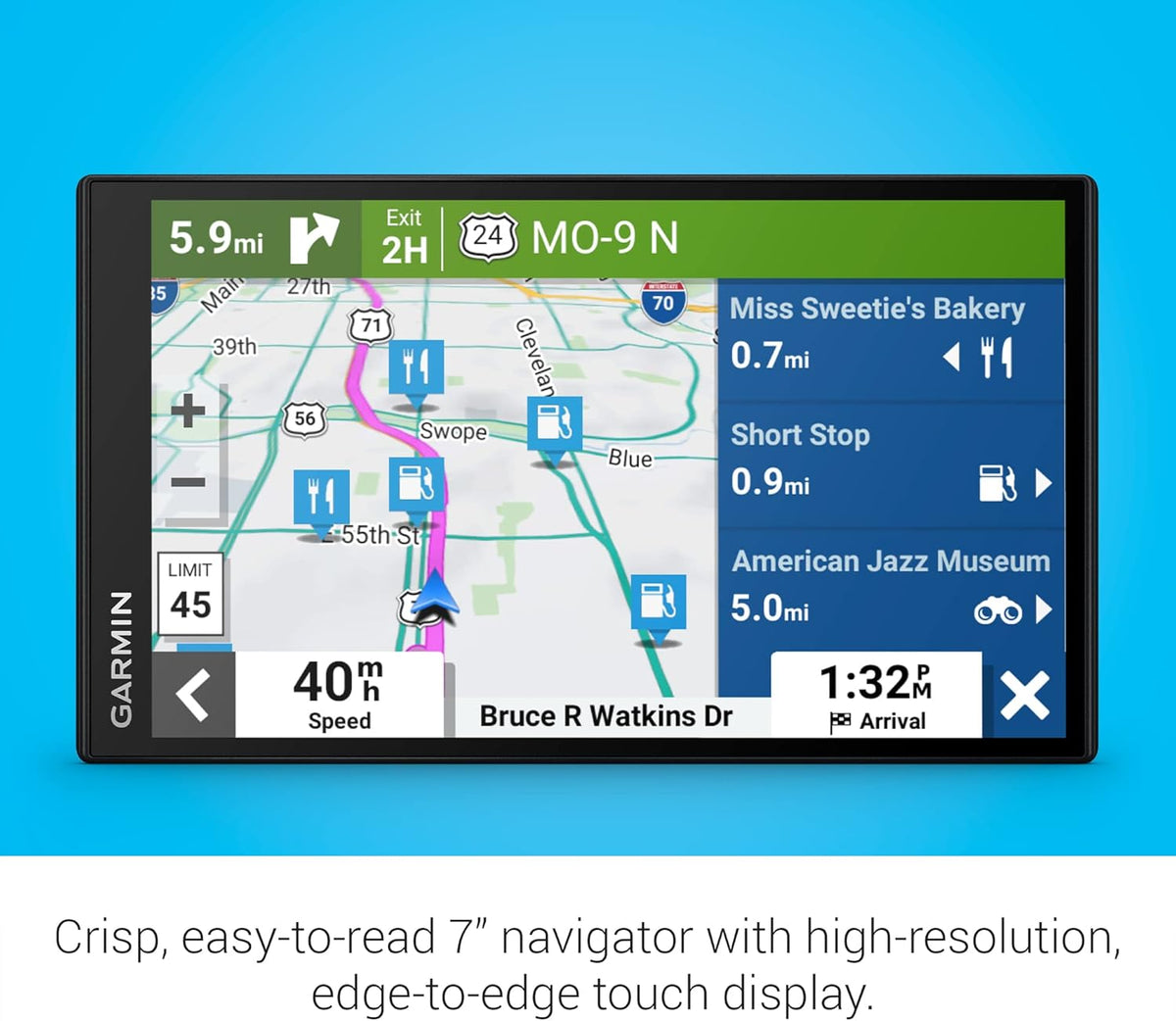 GPS de voiture Garmin DriveSmart 76 doté de écran 7 pouces, cartes haute résolution nettes et lumineuses et assistance vocale Garmin.