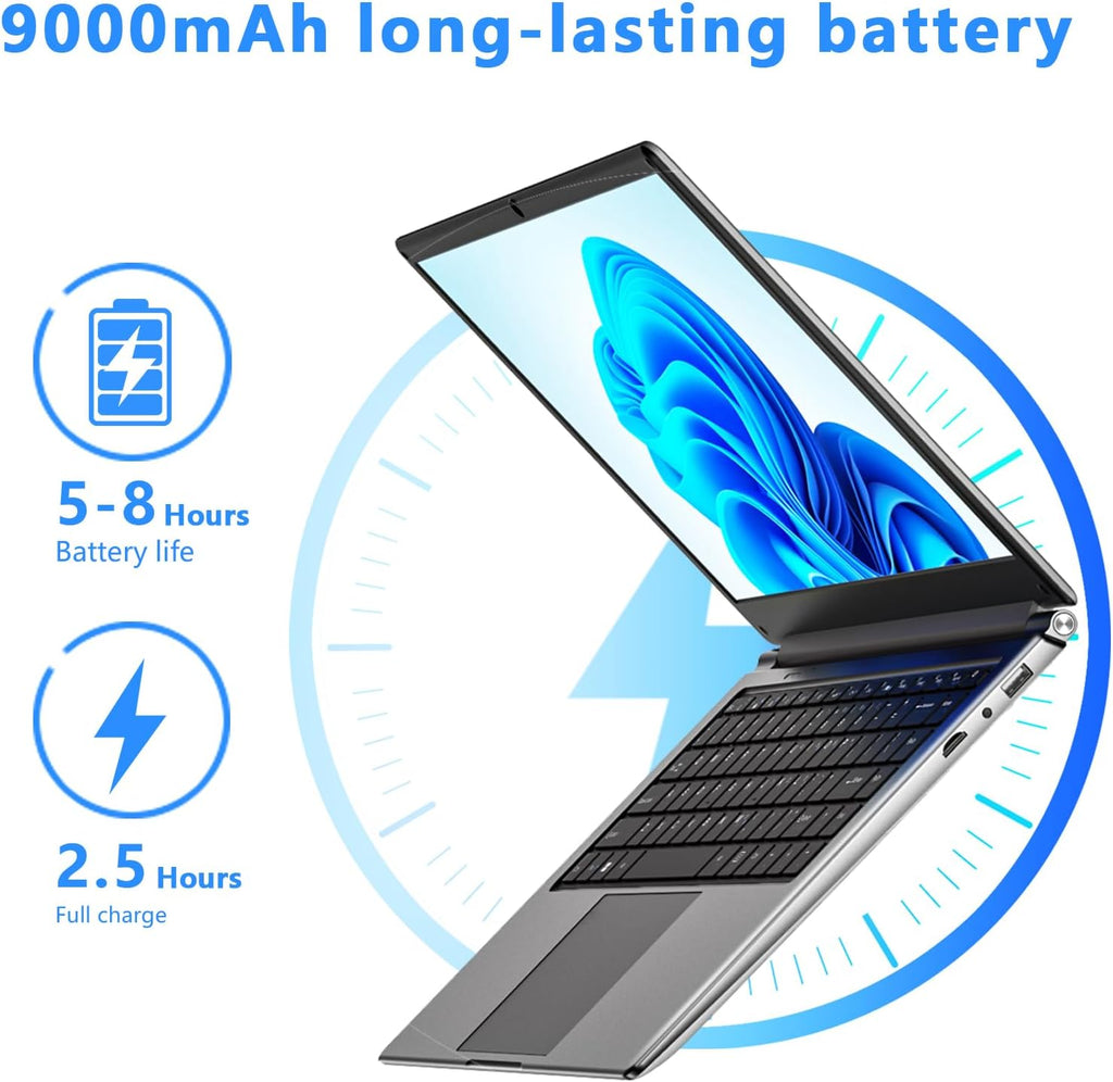 Ordinateur compact portable 16 pouces, 8 Go de RAM DDR, SSD de 256 Go extensible à 1 To, processeur quadricœur Pentium jusqu'à 2,64 GHz, batterie 9000 mAh, interface USB 3.0, Wi-Fi double bande, webcam, format fin.