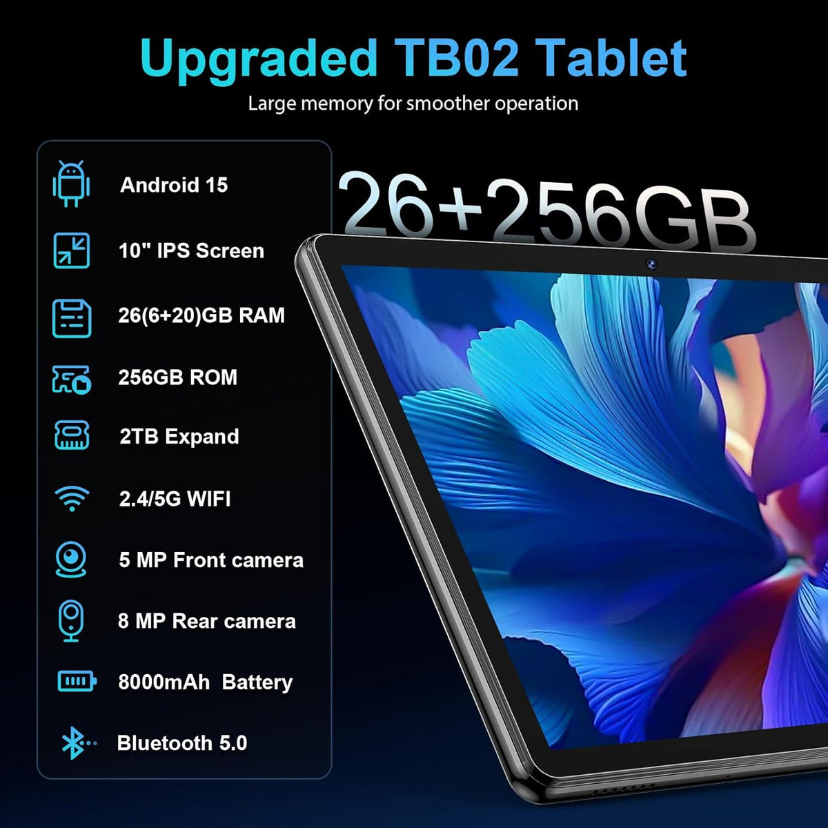 Tablette tactile Android avec clavier, tablette Android 15 10 pouces (2026), 26 Go + 256 Go + 2 To extensible, PC tablette électronique avec Gemini, processeur 8 cœurs, batterie 8 000 mAh, Wi-Fi 5G, GMS, tablette 2 en 1 avec étui, souris et stylet (é