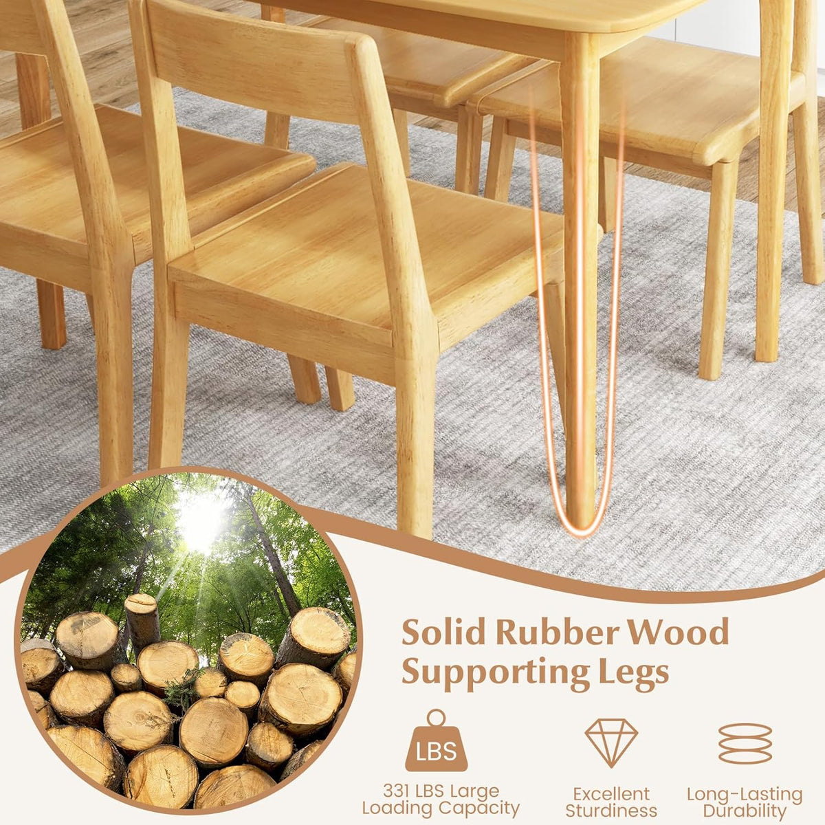 Table de salle à manger Giantex pour 4 personnes, table de cuisine rectangulaire de 122 cm dotée de pieds en bois d'hévéa massif et plateau spacieux, table à manger en bois pour salon/salle à manger, coin repas (naturel)
