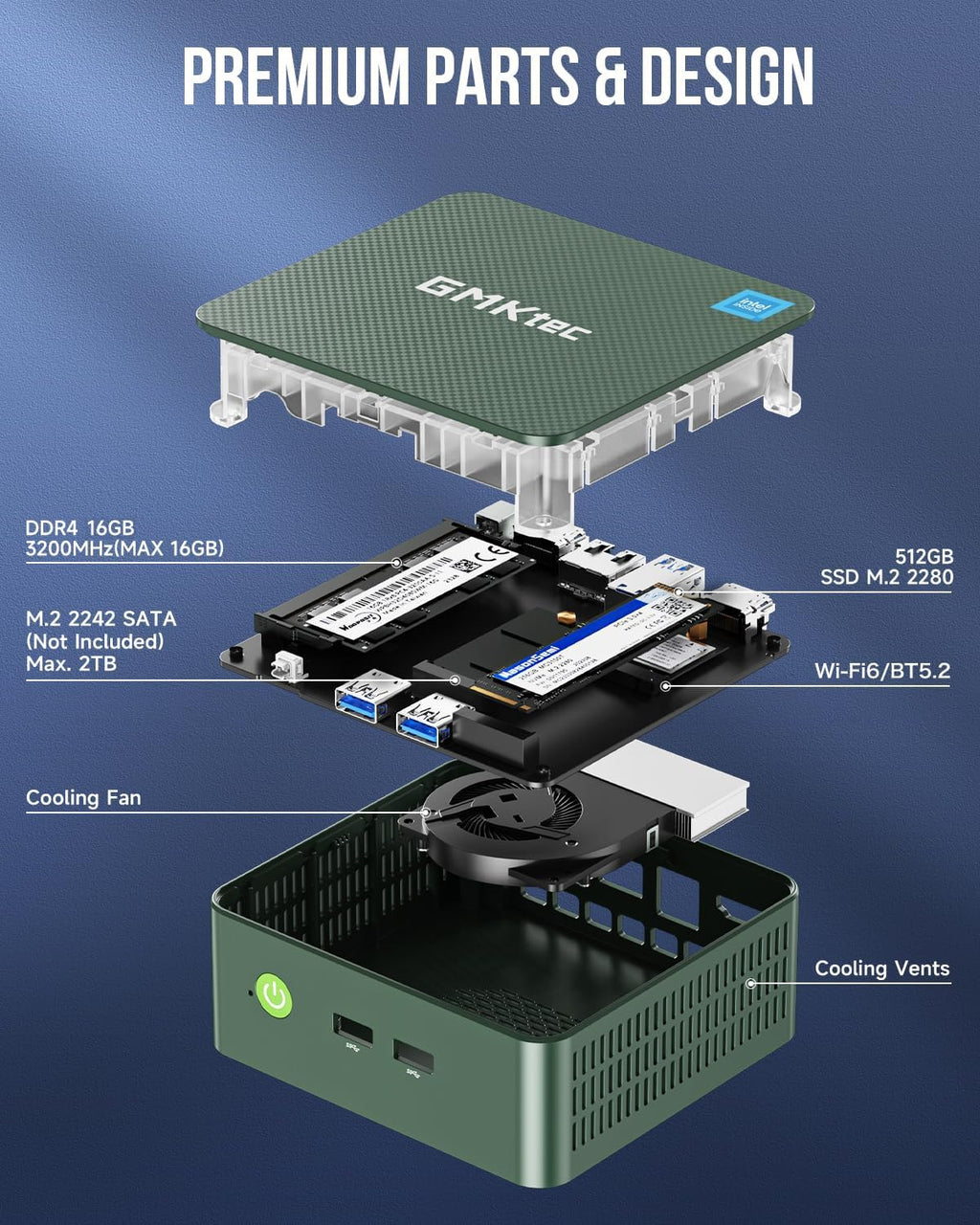 Mini PC GMKtec Intel Twin Lake N150 (N100 amélioré) 16 Go de RAM DDR4, SSD PCIe M.2 de 512 Go, ordinateur de bureau 4K, double HDMI, USB 3.2, Wi-Fi 6, Bluetooth 5.2, RJ45 2,5 GbE pour une utilisation bureautique ou professionnelle. – Modèle pratique