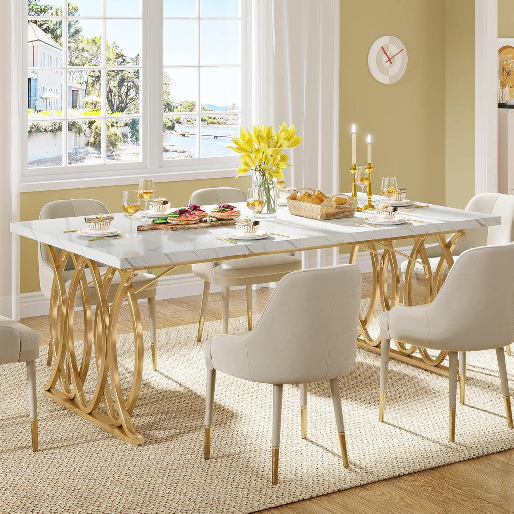 Table de salle à manger moderne Tribesigns, grande table de cuisine de 63 pouces pour 4 à 6 personnes, table rectangulaire unique pour la cuisine et la salle à manger dotée de plateau en faux marbre et pieds géométriques
