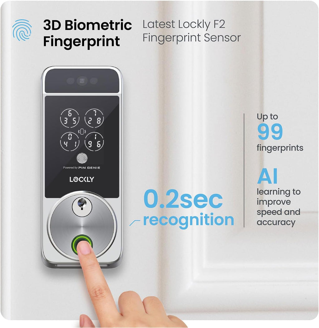 Serrure connectée Lockly Visage Zeno Series, serrure d'entrée sans clé par reconnaissance faciale et empreinte digitale, pêne dormant Wi-Fi intégré compatible doté de Apple Home Key, clavier PIN Genie, contrôle à distance via application…