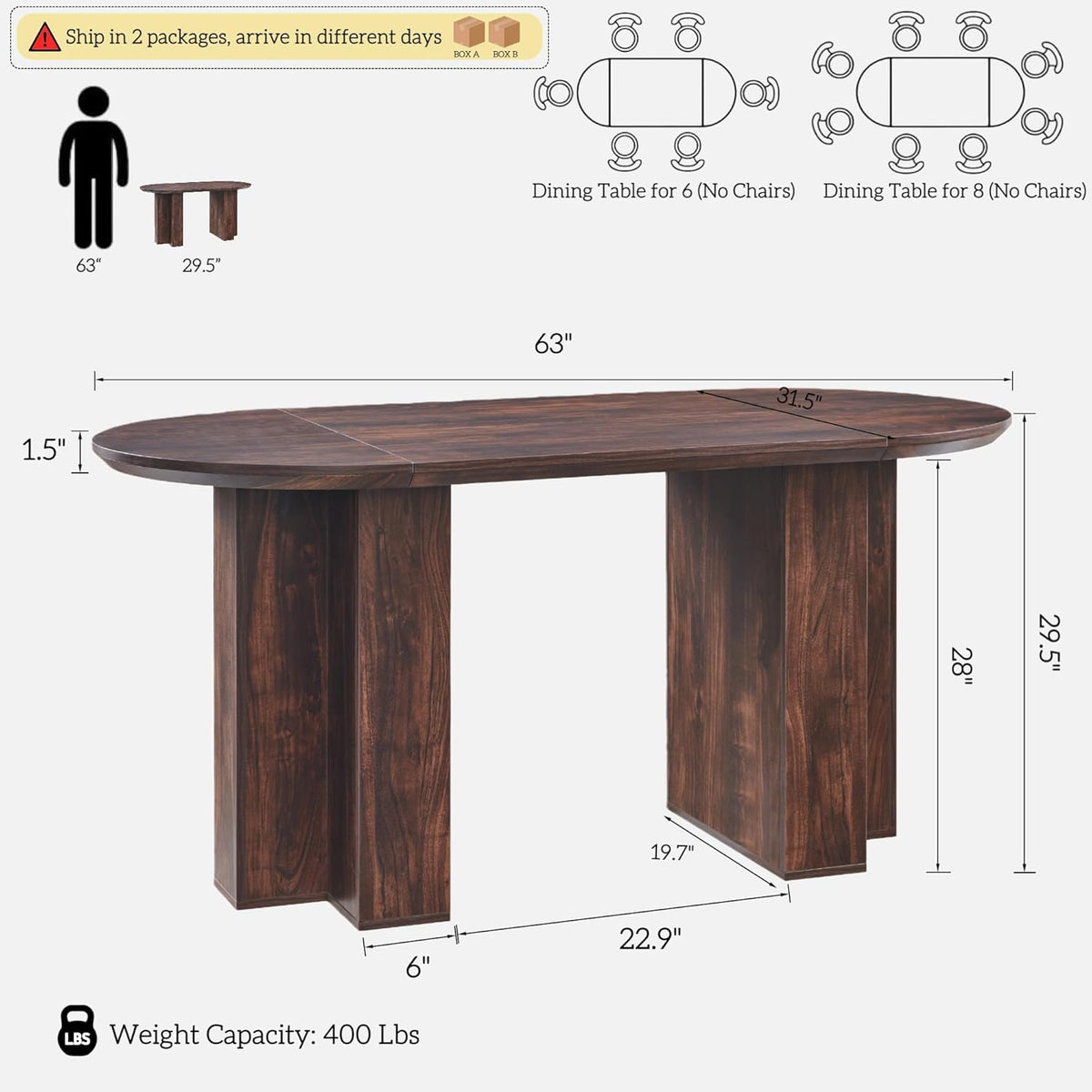 Table de salle à manger ovale moderne en bois OKD de 160 cm (63 pouces) pour 4 à 6 personnes, dotée de piètement stable en forme de T, structure en métal et plateau épais. Table de cuisine robuste idéale pour la salle à manger, la cuisine ou les réun