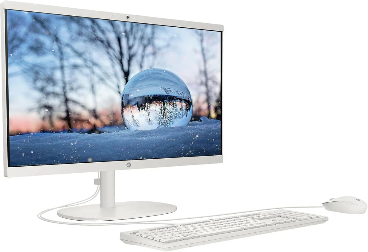 Ordinateur de bureau tout-en-un HP 21,5" FHD, 32 Go de RAM, 128 Go UFS, processeur Intel N100 quadricœur, Windows 11, clavier et souris, hub PLUSERA 8-en-1 inclus, blanc cachemire – Modèle pratique