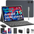 Tablette tactile Android 15 10 pouces (2026) avec clavier, 26 Go + 256 Go, extensible jusqu'à 2 To, Gemini AI avec processeur octocœur, batterie 8 000 mAh, Wi-Fi 5G, GPS, GMS, Widevine L1, tablette 2 en 1 avec étui, souris et stylet (étui noir).