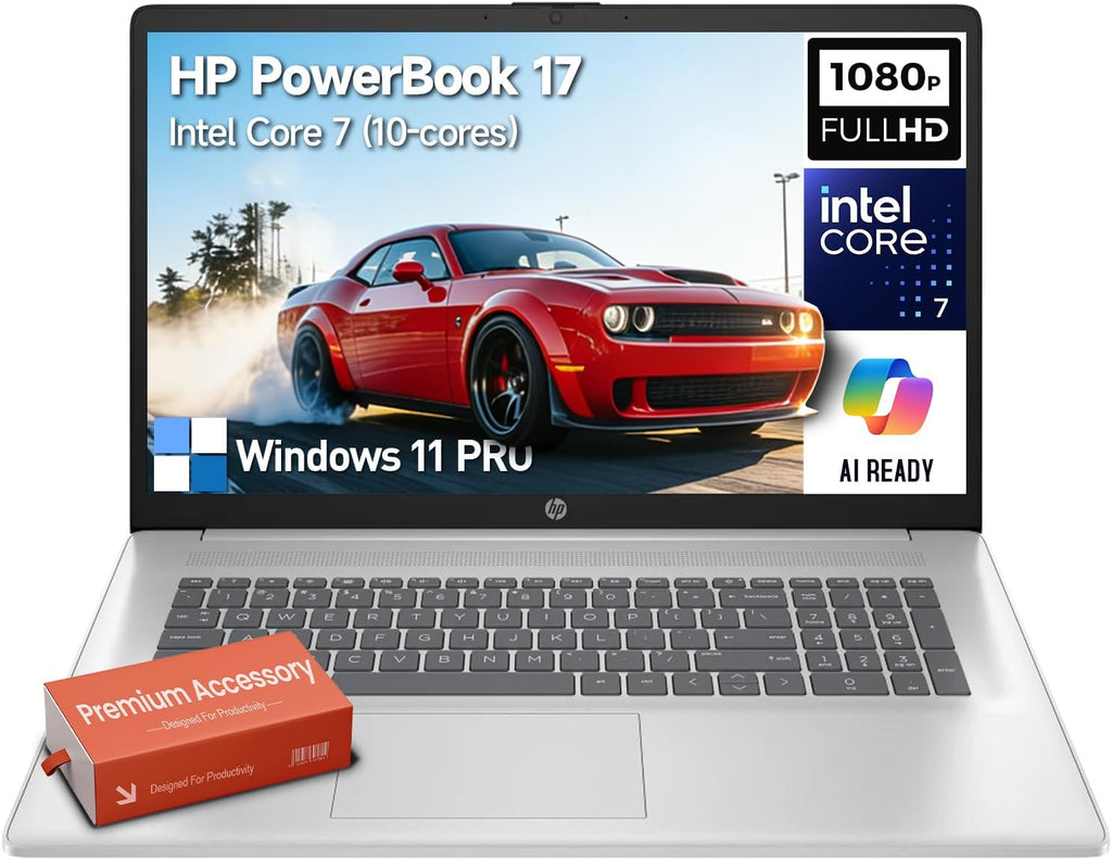 Ordinateur compact portable HP PowerBook 2026 17 pouces, écran IPS FHD 17,3 pouces, PC professionnel, processeur Intel Core i7 (10 cœurs, supérieur à l'Intel Core i7-1355U de 13e génération), Windows 11 Professionnel, 64 Go de RAM, SSD de 2 To, pavé