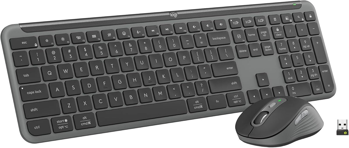 Ensemble clavier et souris à connectivité sans fil Logitech MK955 Signature Slim, conçu pour les grandes mains, proposant une frappe et des clics silencieux, compatible doté de trois appareils, Bluetooth et multi-OS (Windows et Mac).