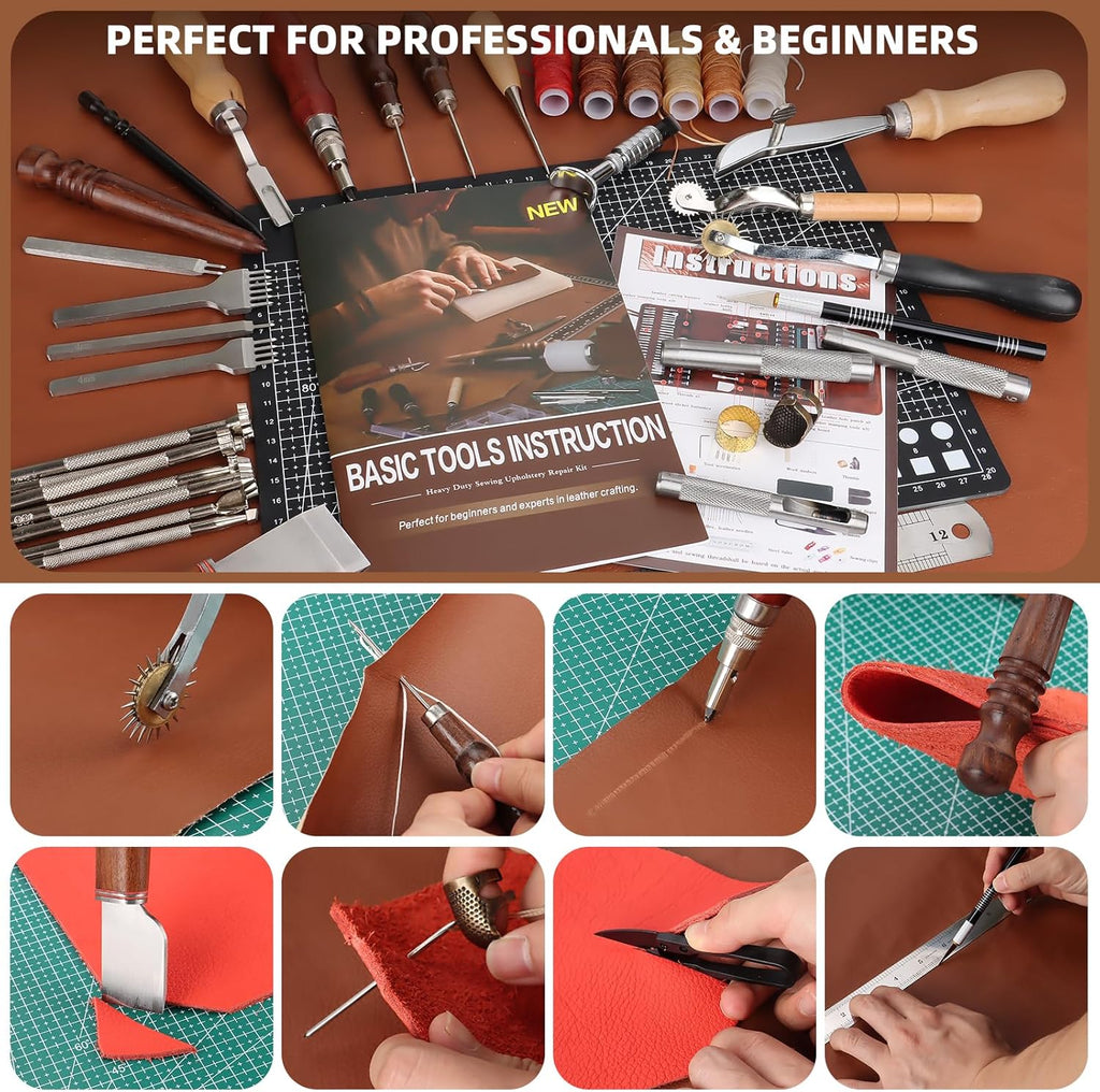 Kit d'outils pour un usage professionnel du cuir : ensemble complet incluant un tablier, des tapis de découpe, des outils de marquage, de gravure, de poinçonnage, de couture et de ponçage pour la fabrication et la réparation du cuir. adapté à les…